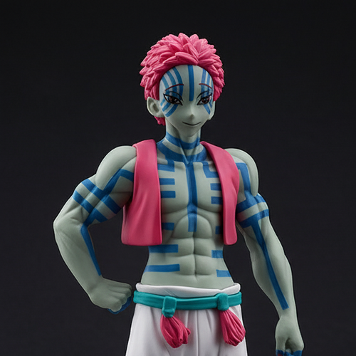Two identical figurines of a character with pink hair and blue accents on black stands against a dark background. akaza , demon slayer